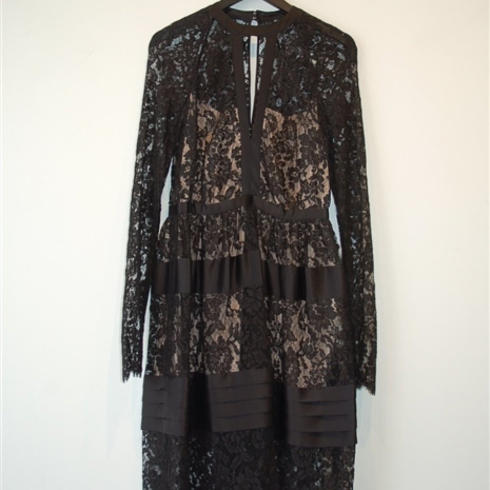 Floral French lace and silk dress, black, size US8, NWT